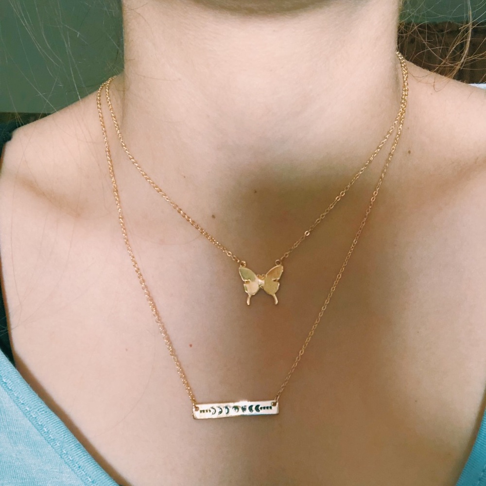 Bar and butterfly layered chain necklace